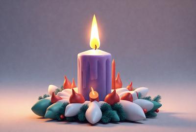 The primary subject of the image is a lit candle placed on top of a Christmas tree. The setting is a festive environment, likely indoors, with a blue background. The visual style is a combination of photo and digital art, creating a realistic yet artistic representation of the scene. The colors are predominantly white and purple, with the candle providing a warm glow. The overall atmosphere is joyful and celebratory, reflecting the spirit of the holiday season.